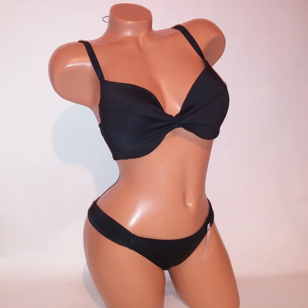 Victoria Secret Swim Bikini 32DD Top XS Bottom Solid Black Push Up New